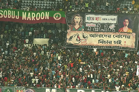 Durand Cup 2024 2nd Semi-Final: A protest banner demanding justice in the alleged murder of a postgraduate trainee doctor